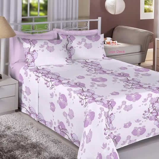 Jogo de Cama - 4 pe�as e Edredom estampado - 1 pe�a (Rubi - Floral Japon�s)
